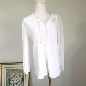 J. McLaughlin White Embroidered Tie Front Blouse‎ Medium